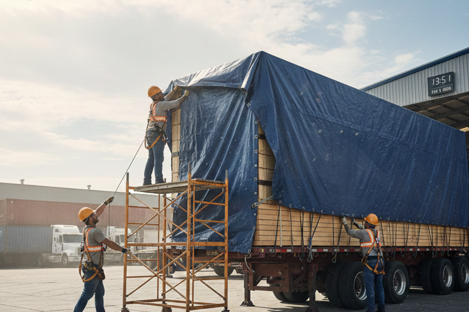 Construction workers installing a blue tarp cover on a cargo flatbed truck at an industrial site.