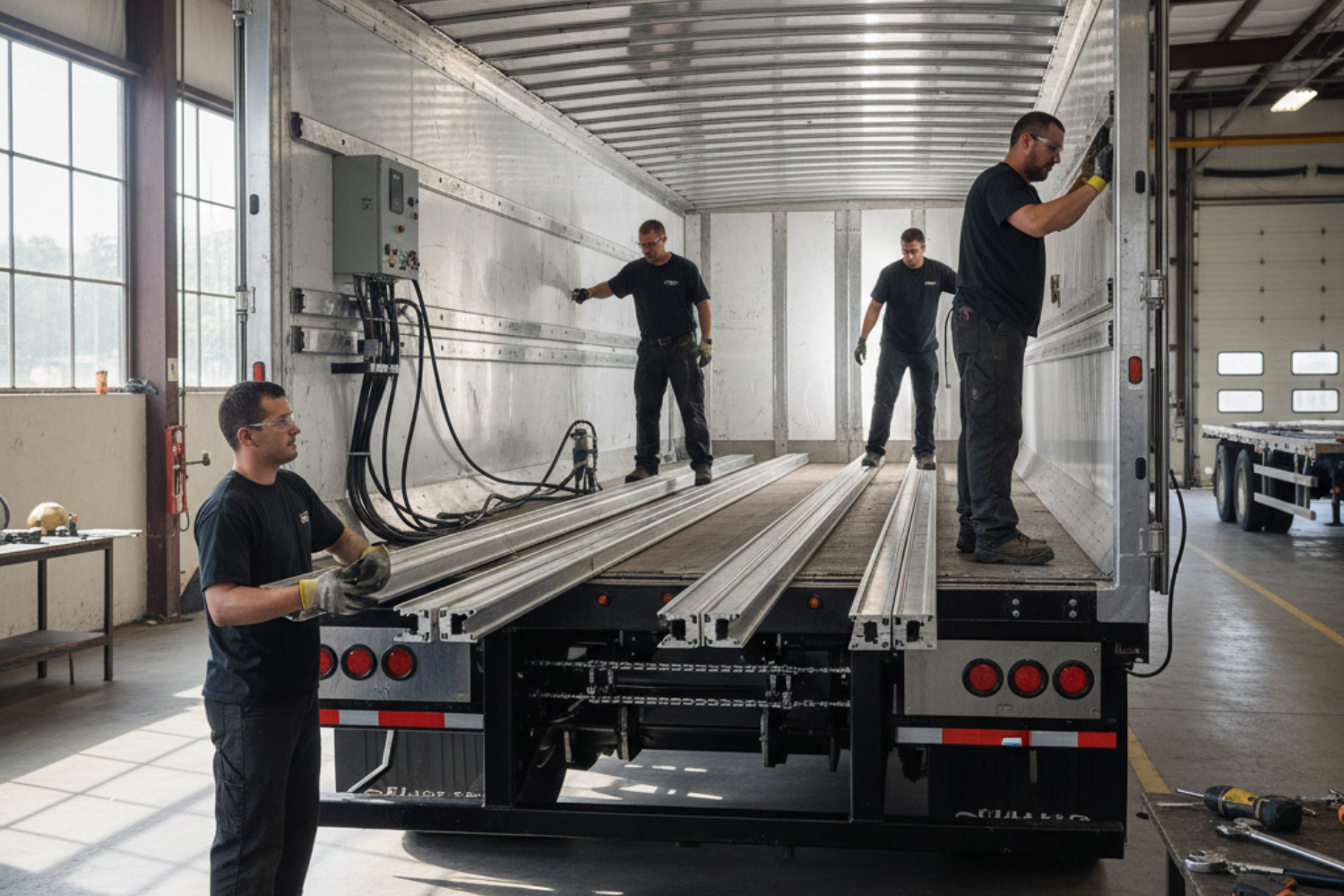 Four workers installing or inspecting metal rails inside a large delivery truck in an industrial warehouse.