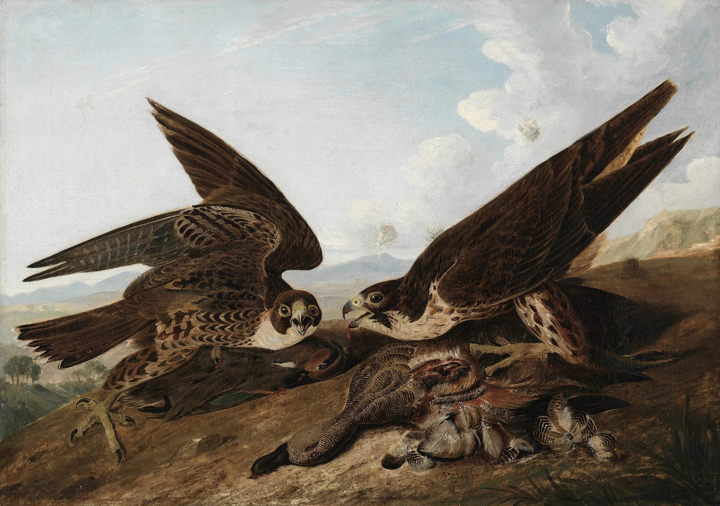A painting of two birds of prey feeding on a duck carcass on a rocky hill with a landscape and sky in the background.