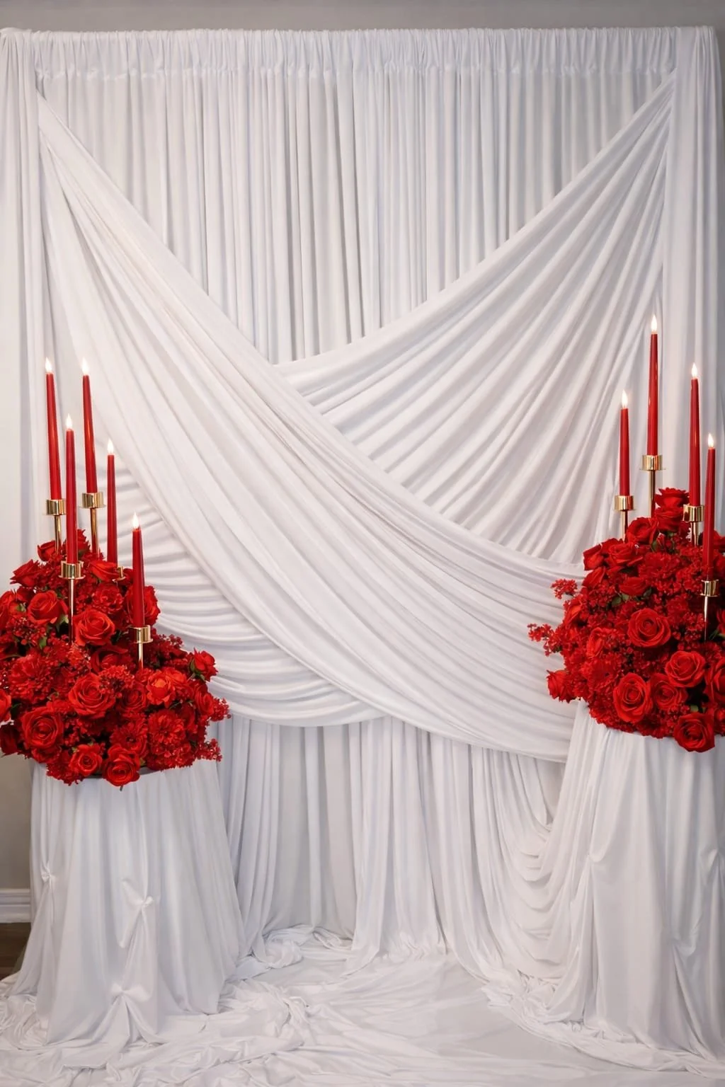 White fabric backdrop with draped white cloth and two large floral arrangements of red roses and red carnations, each topped with tall red candles in gold holders, on white fabric-covered stands, in an elegant setting.