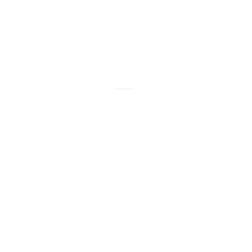Black logo with stylized 'R' and 'F' and the word 'ROCKETFUEL' below.