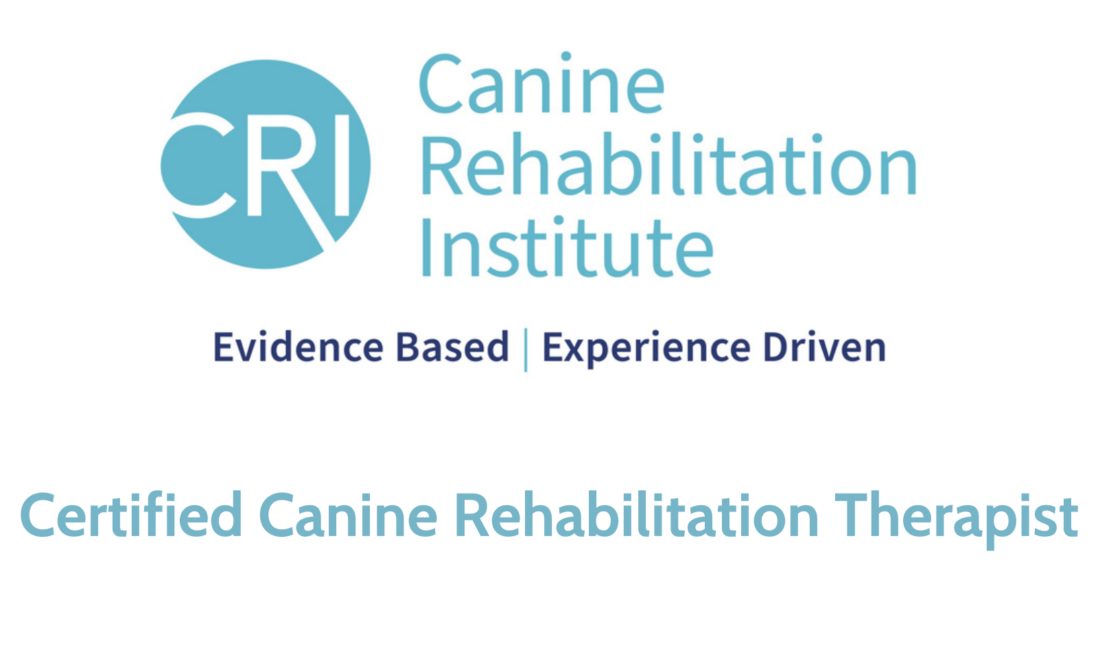 Logo of the Canine Rehabilitation Institute, featuring a blue circle with the letters CRI inside, alongside text stating 'Canine Rehabilitation Institute, Evidence Based, Experience Driven, Certified Canine Rehabilitation Therapist'.