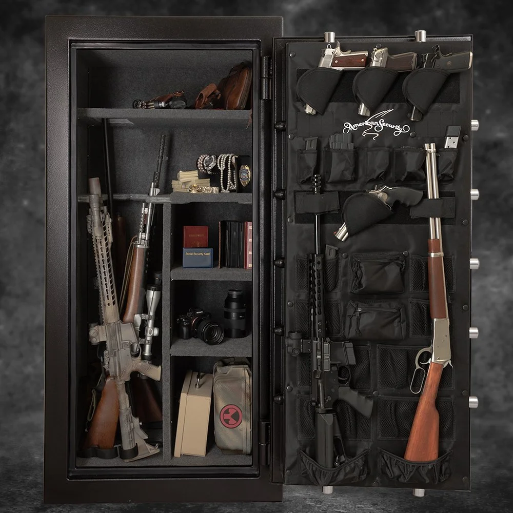 A safe filled with firearms, ammunition, and accessories, including rifles, a pistol, and various security and surveillance items.