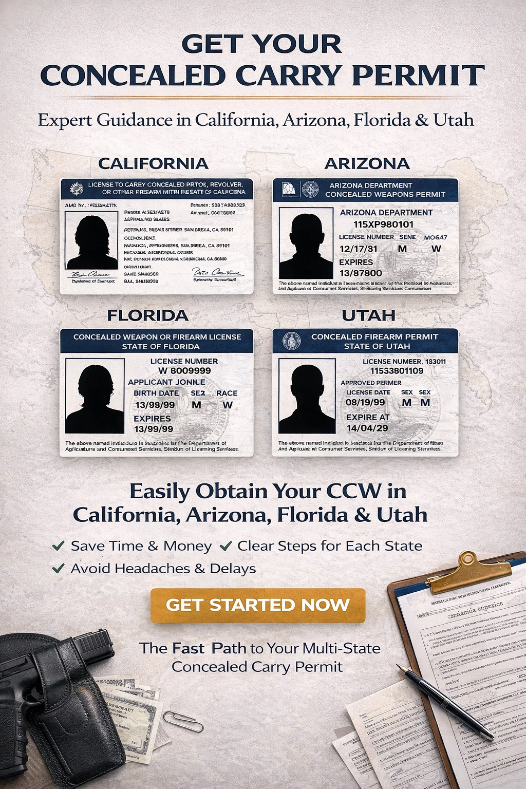 Poster advertising a multi-state concealed carry permit guide with examples of concealed weapons licenses from California, Arizona, Florida, and Utah, and a call to action to get started.