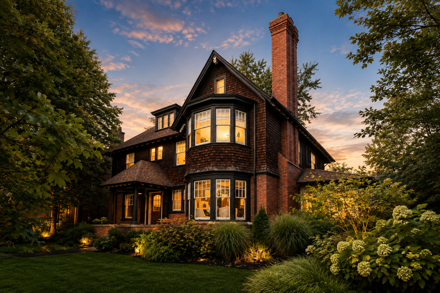 Large renovated Detroit 1900 Albert-Kahn-designed English Tudor cottage style home illuminated from within during sunset, surrounded by lush greenery and landscaping.