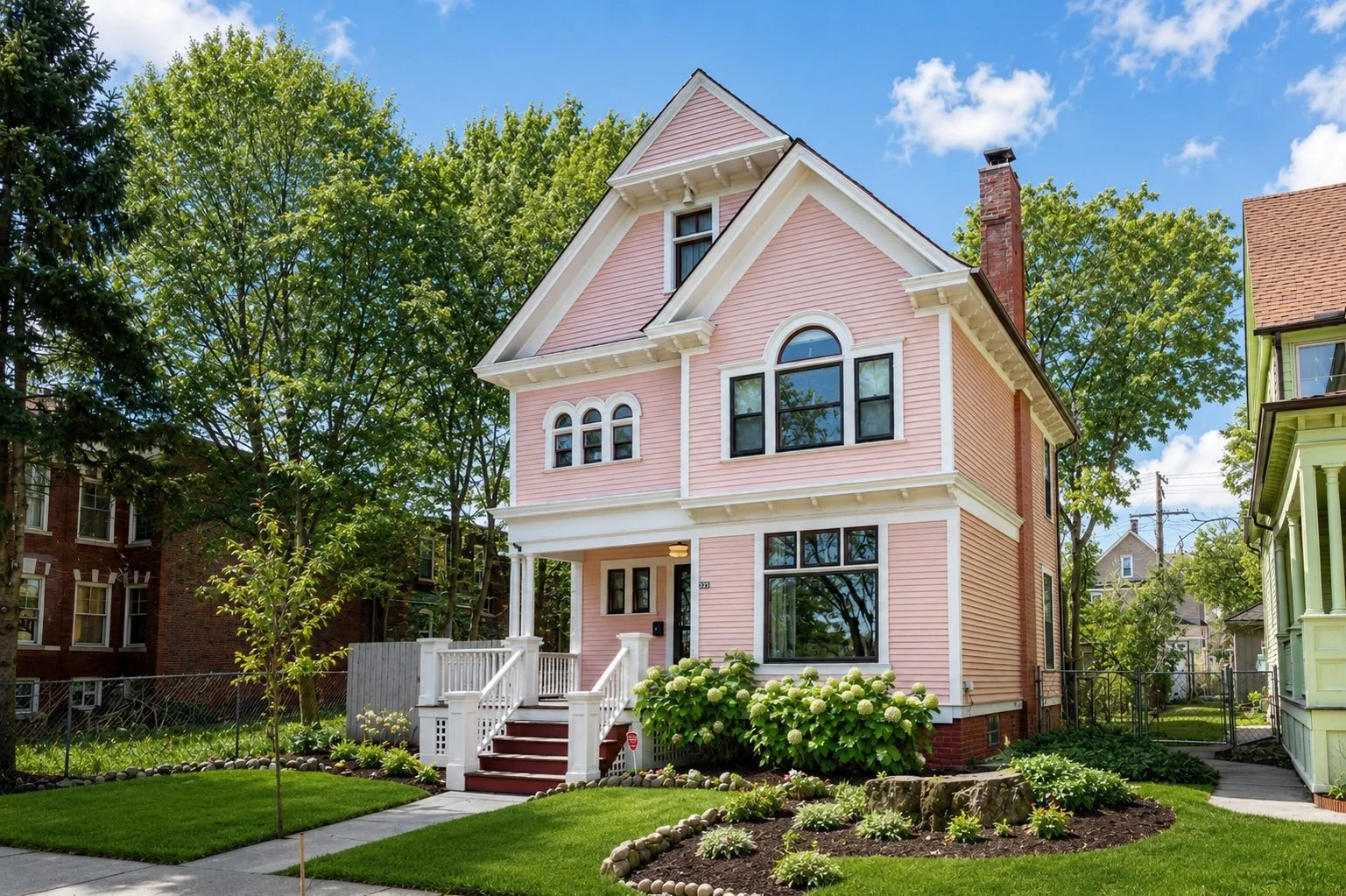 Updated 1892 Detroit pink Victorian house with front porch and landscaped yard, surrounded by trees and neighboring homes, under a blue sky with clouds.