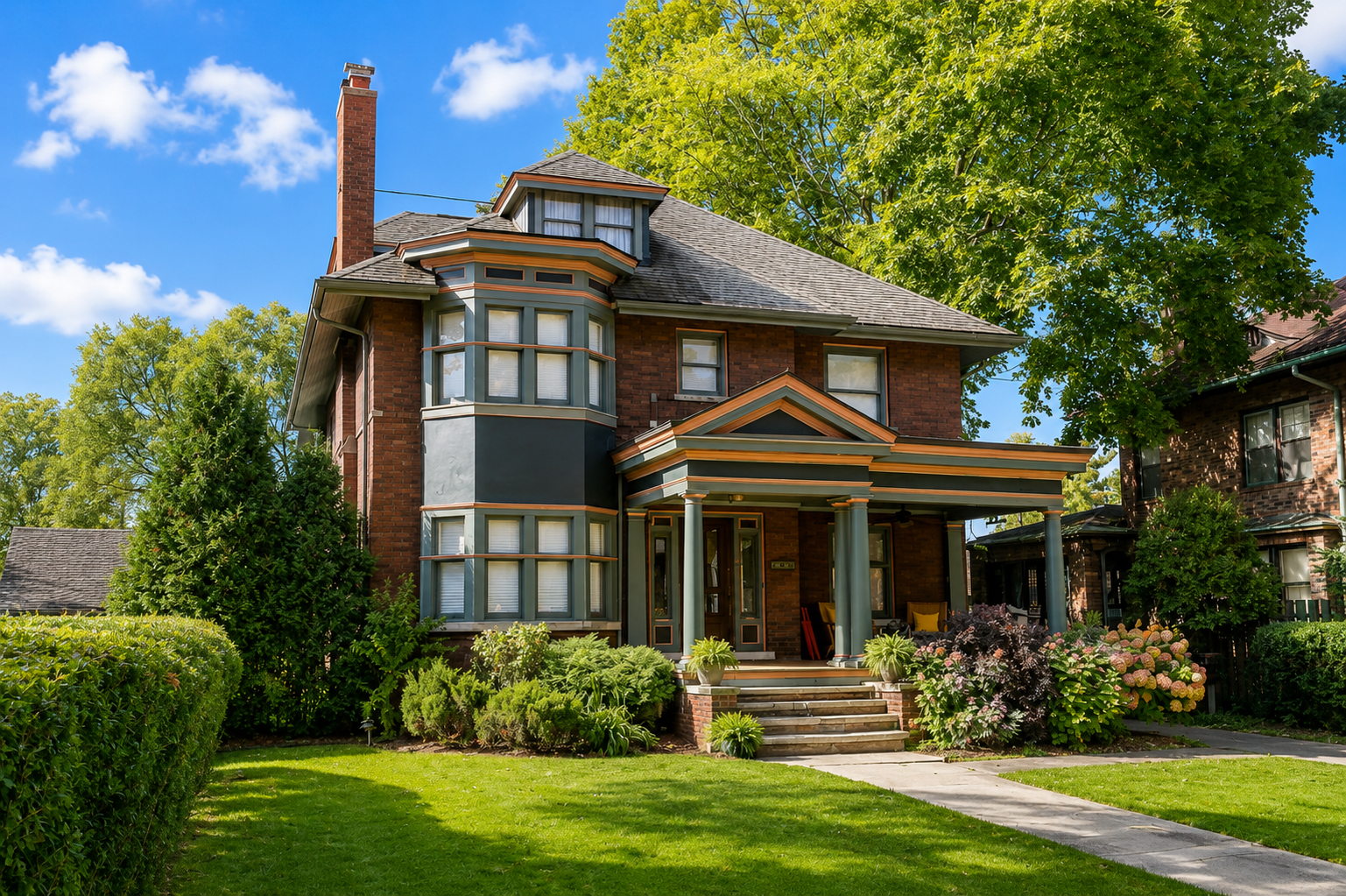 An updated large Detroit 1916 red brick American four square with craftsman styling with a painted front porch and bay windows, surrounded by a well-maintained lawn and lush greenery, under a blue sky with a few clouds.
