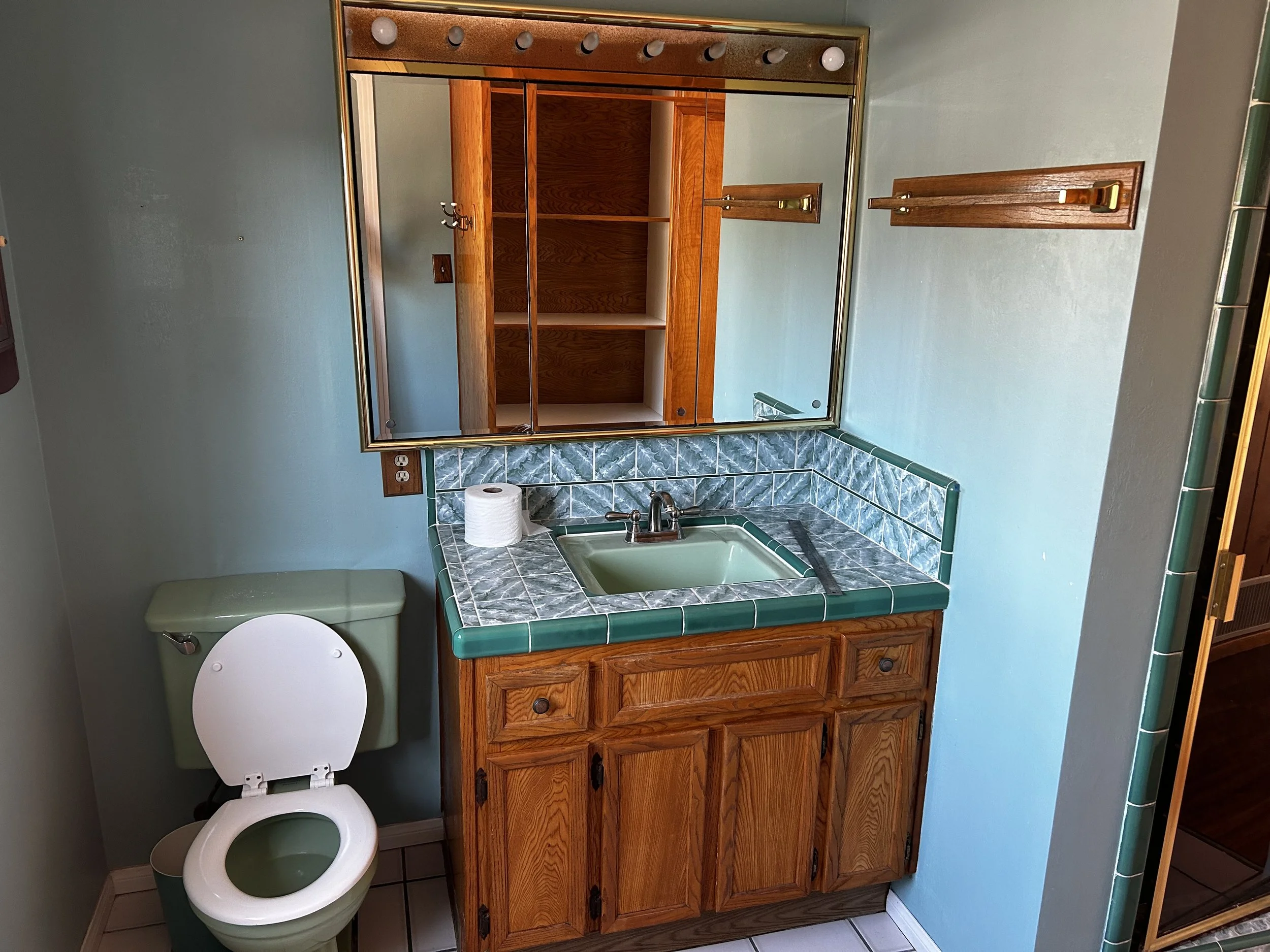 Bathroom with a green tile countertop, a built-in sink, a wooden cabinet below, a large mirror above, a toilet with a green tank, a toilet paper roll, and empty wooden wall hooks.