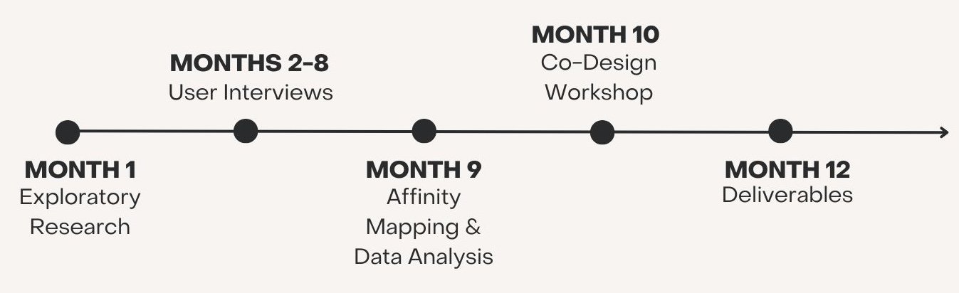 12 month project timeline. Month 1 - Exploratory research; Months 2-8-user interviews; month 9-affinity mapping & data analysis; month 10-co-design workshop; month 12-deliverables