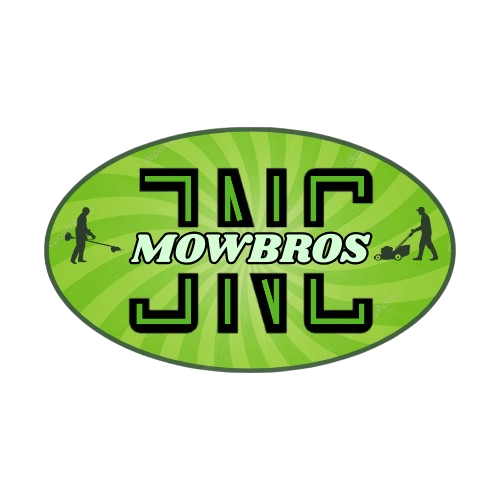 Oval sign with green background and black text reading 'Mow Bros'. Shows silhouettes of two people mowing lawns.