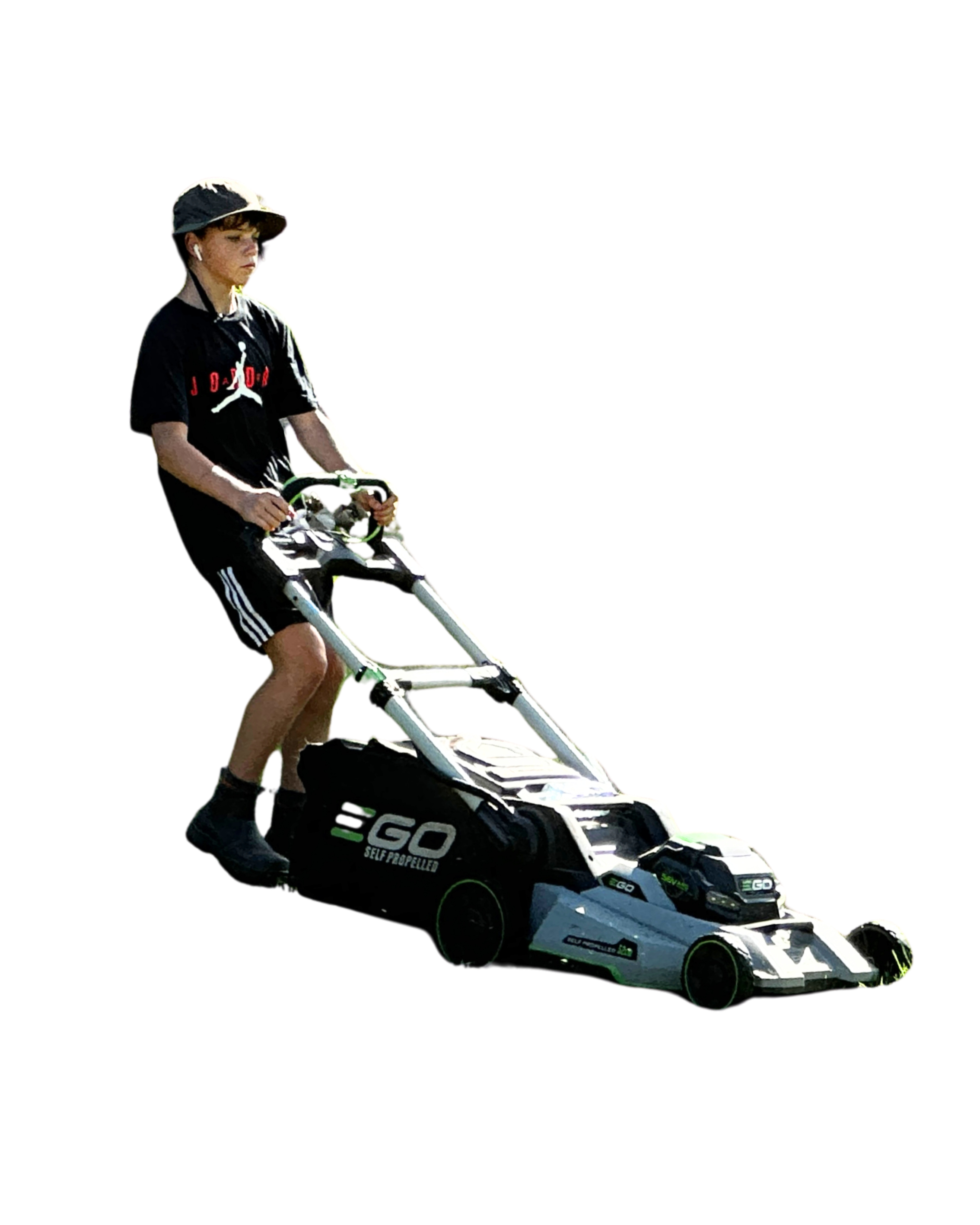 Young person wearing a black Jordan t-shirt, black shorts, and a helmet, pushing a self-propelled lawn mower.