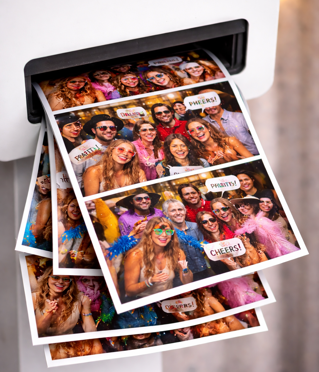 Sofortdruck Fotos von einer Party mit fröhlichen Menschen, die Kostüme und bunte Brillen tragen, auf einem Fotodrucker