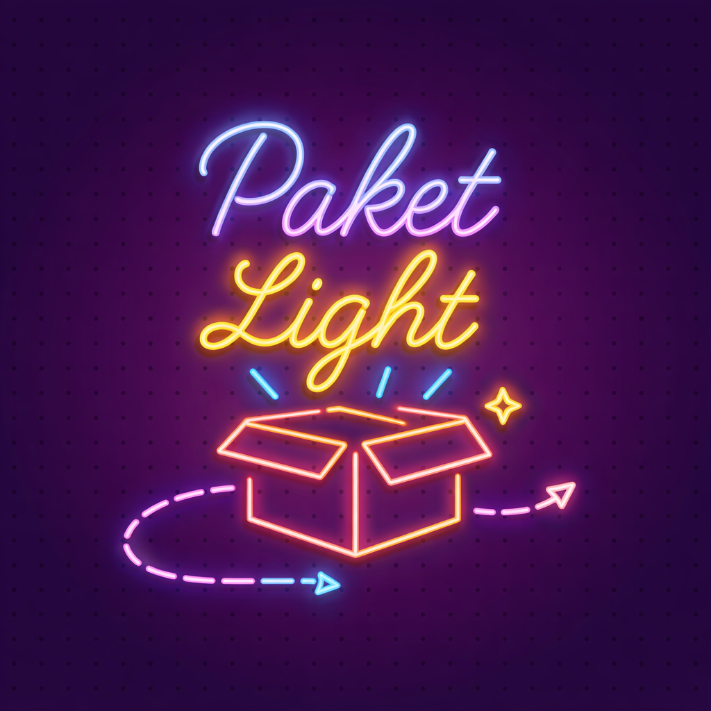 Neon-Schriftzug mit den Worten 'Paket Light' über einer offenen Paketbox, umgeben von leuchtenden Linien und Sternen auf dunklem Hintergrund. Symbolisiert das Paket Light von Photocat.