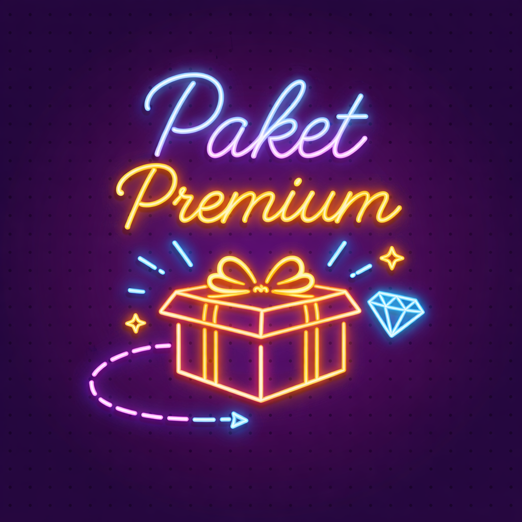 Neon-Schriftzug mit den Worten "Paket Premium" und einer Illustration eines Geschenkkartons mit Schleife, umgeben von funkelnden Sternen und einem Diamanten auf dunklem Hintergrund. Symbolisiert das Paket Premium von Photocat.