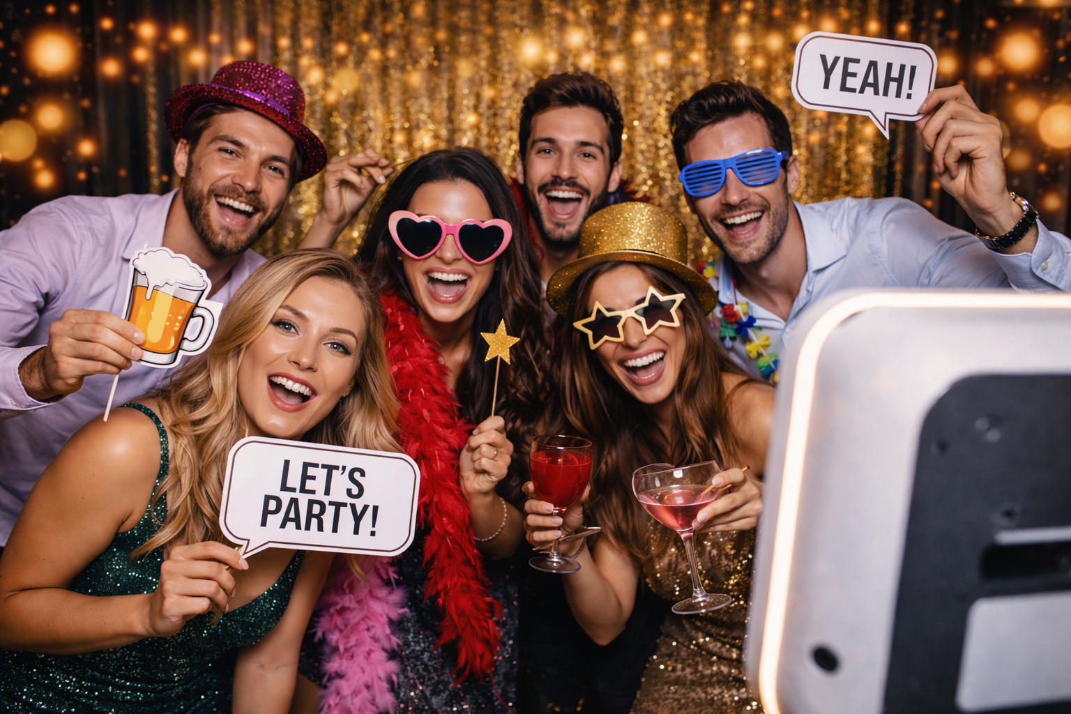 Eine Gruppe von jungen Menschen auf einer Party macht ein Selfie mit der Fotobox, alle tragen bunte Party-Accessoires und halten Getränke, im Hintergrund goldener Glitzervorhang.