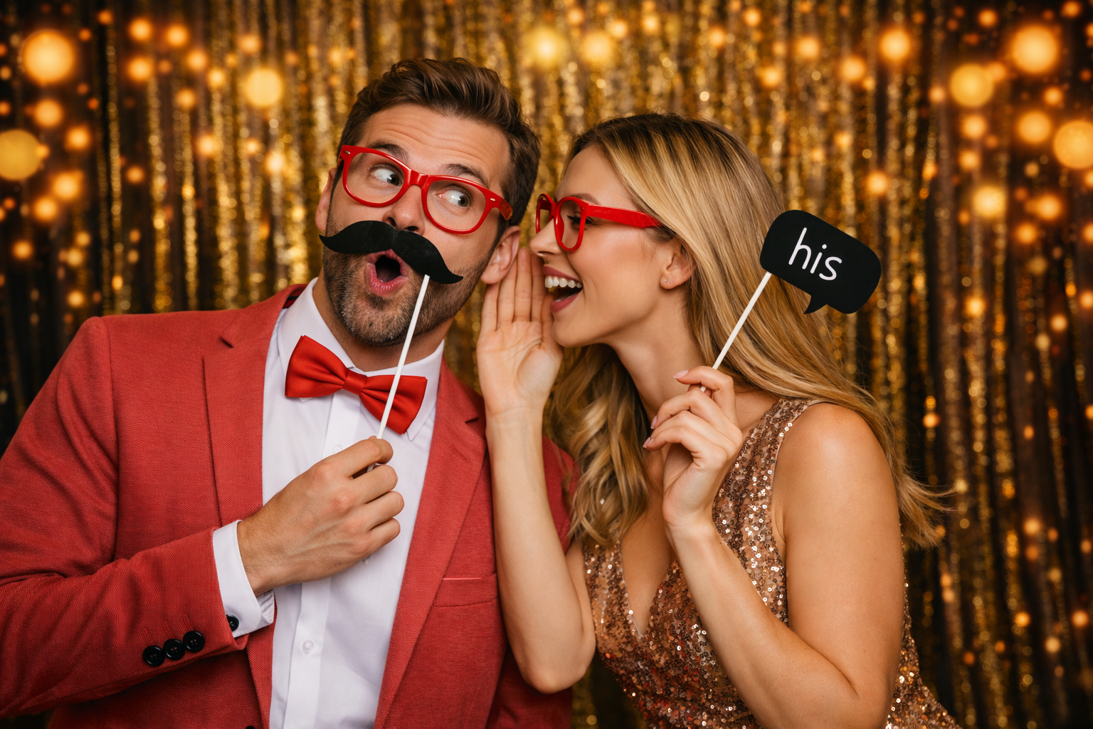 Ein Mann und eine Frau bei einer Party mit goldener Kulisse, beide tragen rote Brillen und feiern. Der Mann hält ein Fake-Schnurrbart-Prop, die Frau hält ein Sprechblasen-Schild mit 'his'. Das Paar lässt sich von der Fotobox fotografieren
