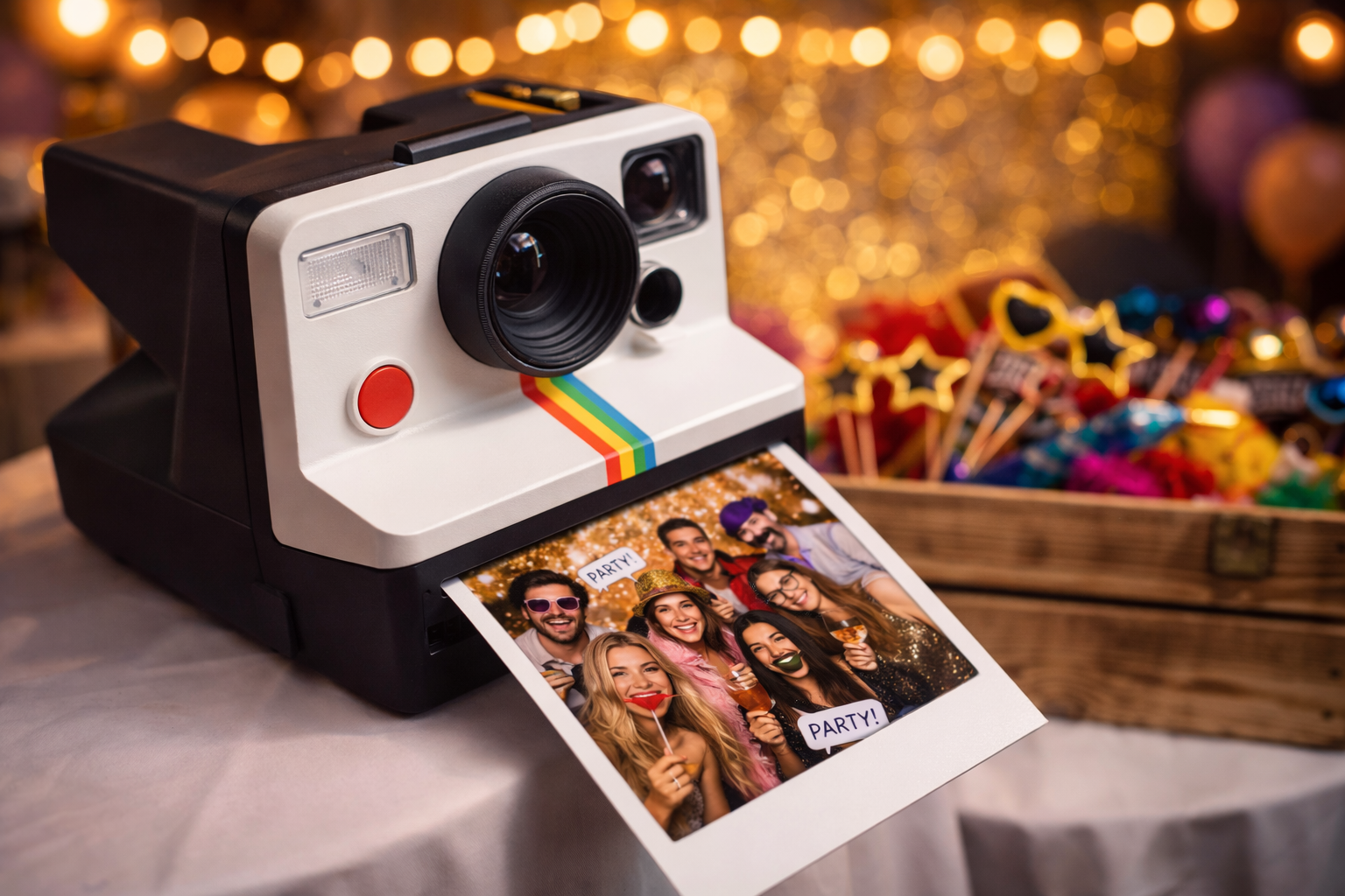 Polariod-Kamera mit einem ausgedruckten Gruppenfoto einer Party, im Hintergrund bunte Lichter und Süßigkeiten auf einem Tablett.