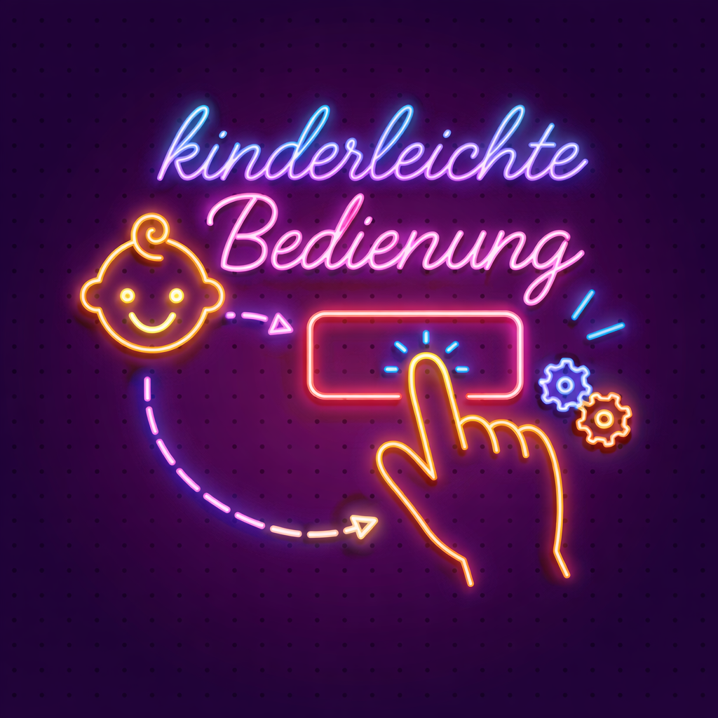 Neon-Schriftzug mit den Worten 'kinderleichte Bedienung', ein lächelndes Kinder-Emoji, eine Hand, die auf einen Button zeigt, und Zahnräder, alles vor einem dunklen Hintergrund.