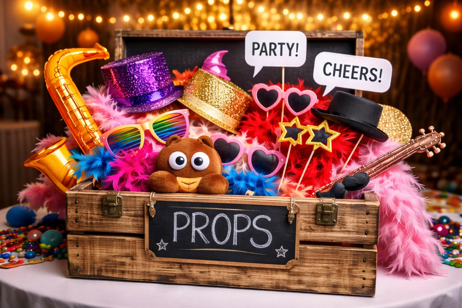 Bunte Partydekoration mit Props in einer Holzkiste, inklusive bunter Hüte, Sonnenbrillen, Spielzeug, ausgestochenen Sprechblasen mit 'PARTY!' und 'CHEERS!', sowie bunten Federn und Perlen, alles vor einer festlichen Lichterhintergrund.