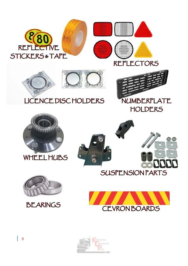 Collection of automotive parts including reflective stickers and tape, reflectors, license disc holders, numberplate holders, wheel hubs, suspension parts, bearings, and CEvron boards.