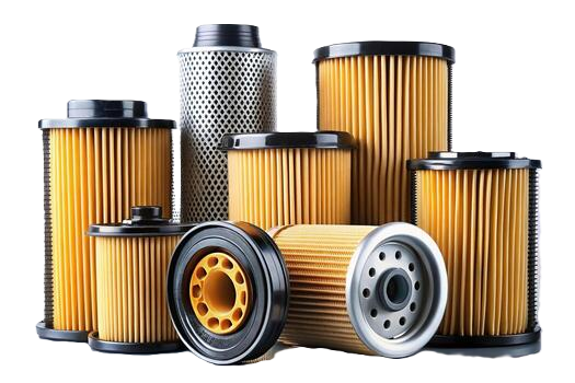 Collection of various automotive oil filters in black, yellow, and metallic colors.