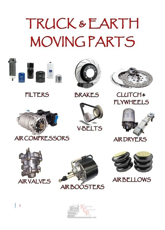 Chart titled "Truck & Earth Moving Parts" featuring images of various components: filters, brake disc, clutch and flywheels, air compressors, V-belts, air dryers, air valves, air boosters, and airbellows.
