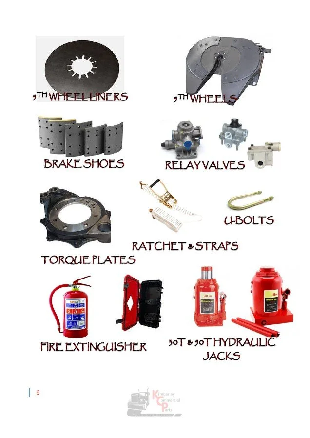 Collection of truck parts including 5th wheel liners, wheels, brake shoes, relay valves, torque plates, ratchet and straps, U-bolts, fire extinguisher, hydraulic jacks, and other truck components.