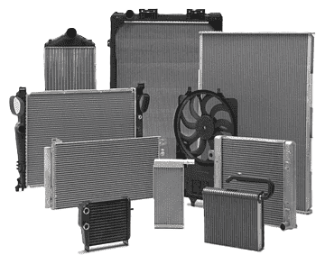 Various car radiators and cooling fans arranged together.