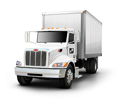 A white box truck with a large cargo area and a cab with a black grille and side mirrors.