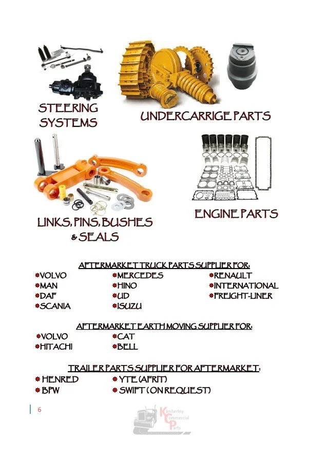A diagram of truck parts including steering systems, undercarriage parts, links, pins, bushes, seals, and engine parts, along with lists of aftermarket truck, earth-moving, and trailer parts suppliers.