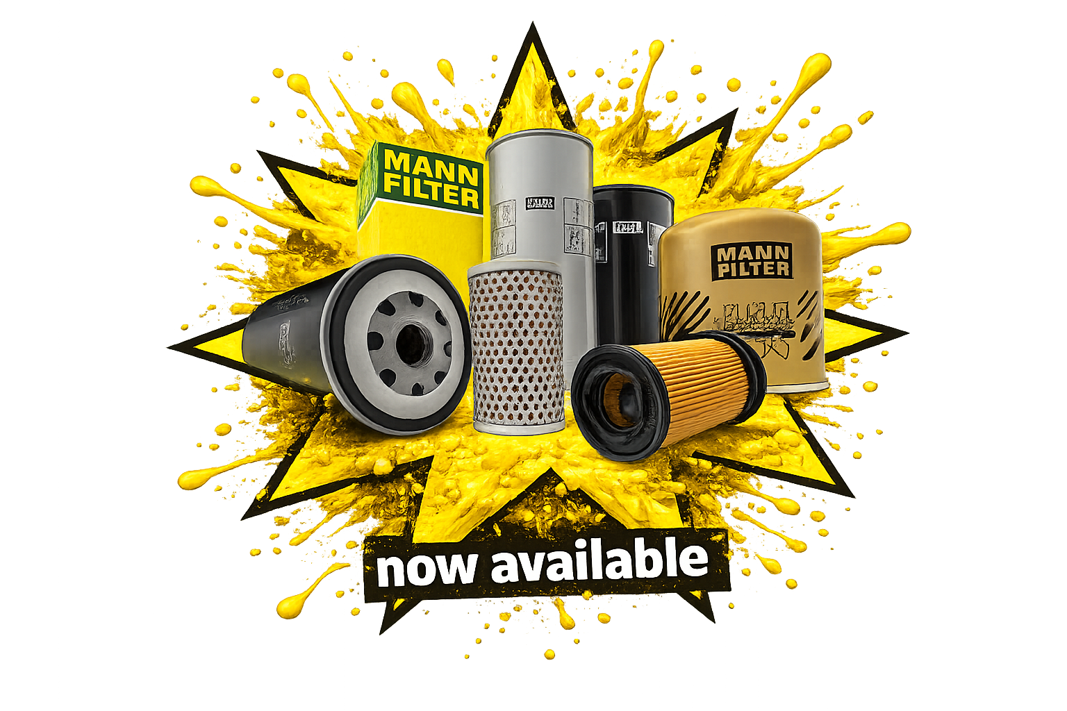 Various car filters, including a Mann filter, displayed on a yellow burst background with the text "now available" in bold white letters on a black banner.