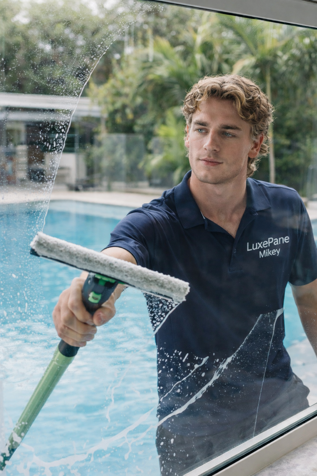 Man cleaning a glass window with a squeegee near a swimming pool outside.