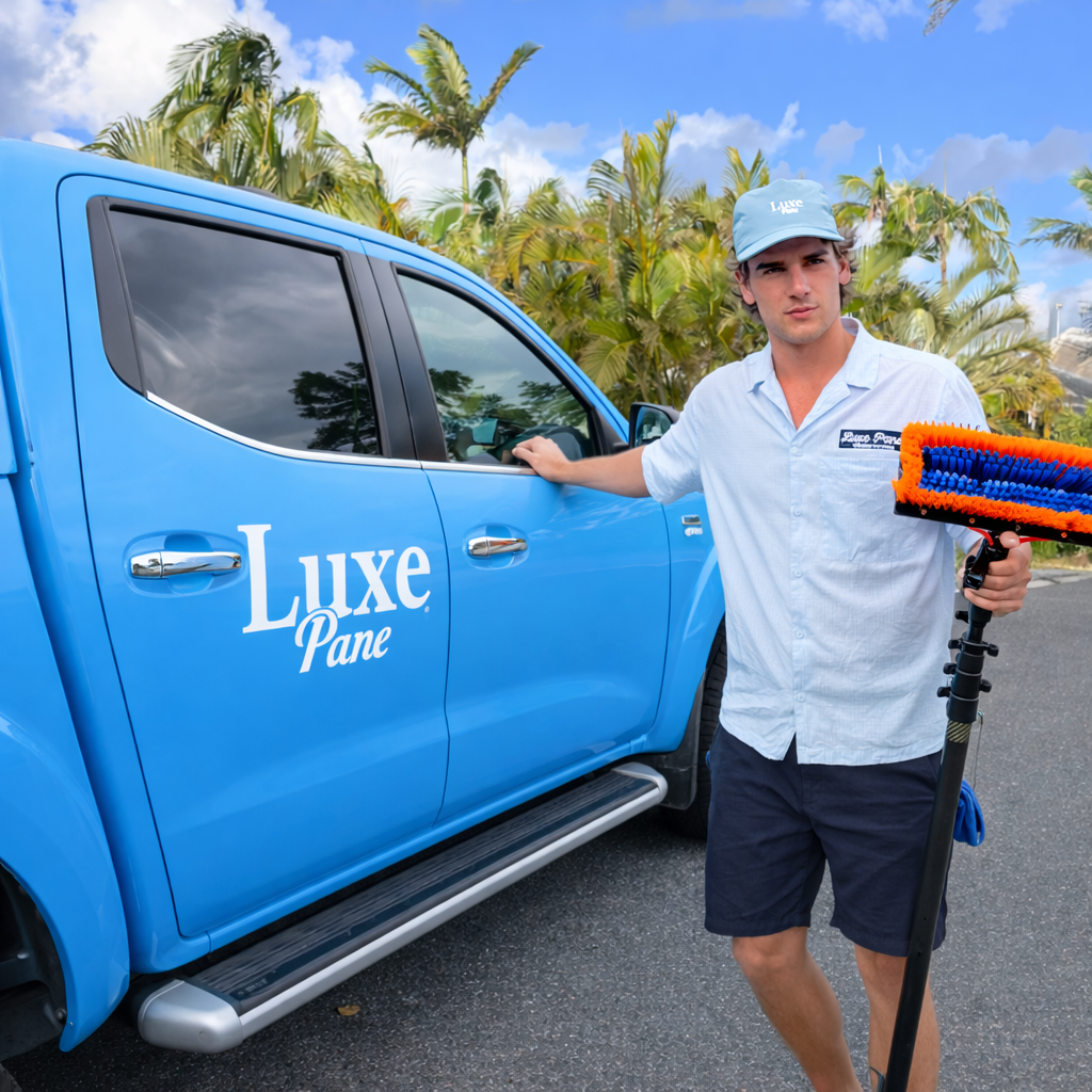 A man dressed in a light blue uniform and cap holding a cleaning tool, standing next to a blue car with the words "Luxe Pane" written on the door, in a tropical environment with palm trees.