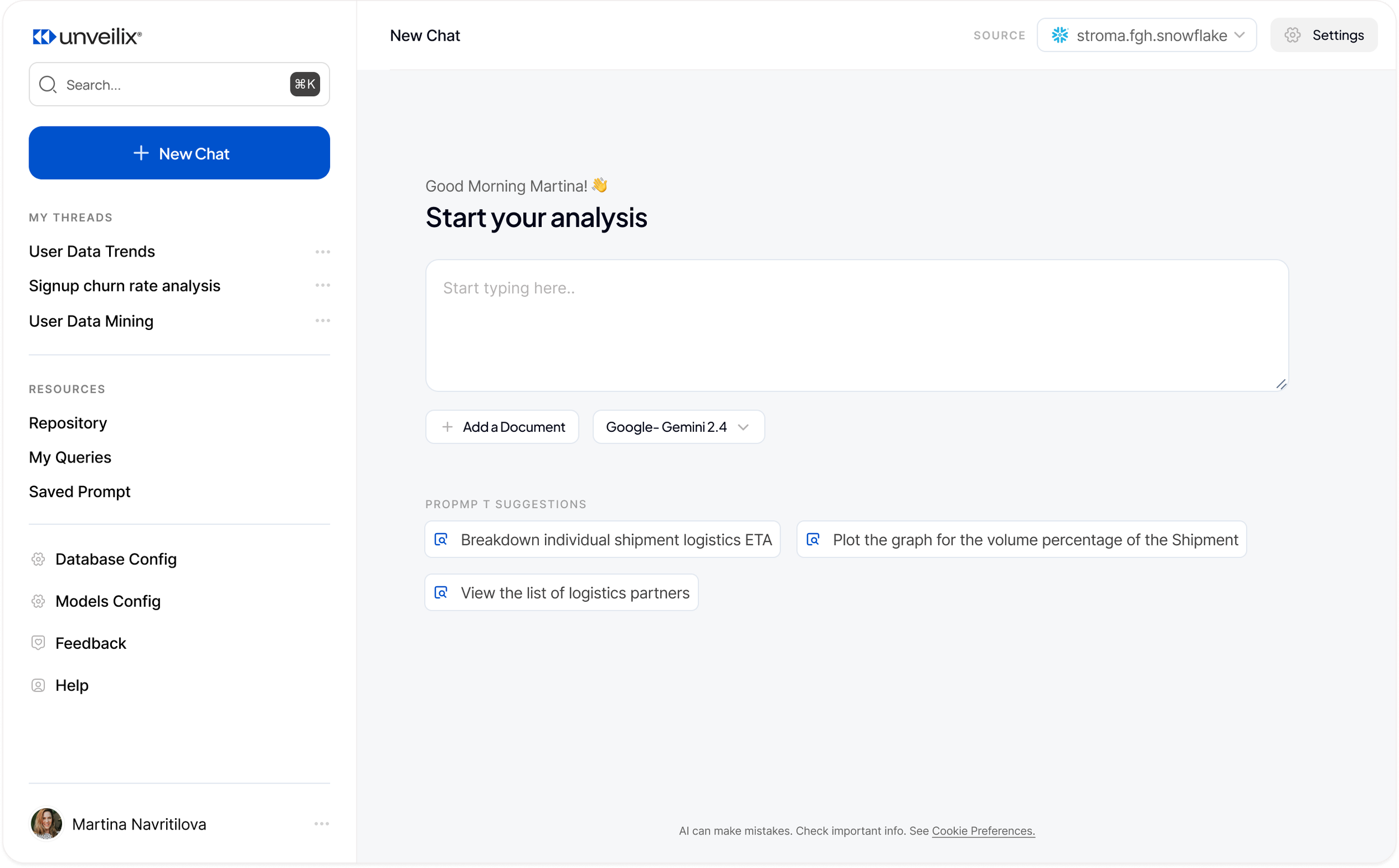 Screenshot of a data analysis platform with a start analysis interface, sidebar menu with options like user data trends and resources, and a greeting message.