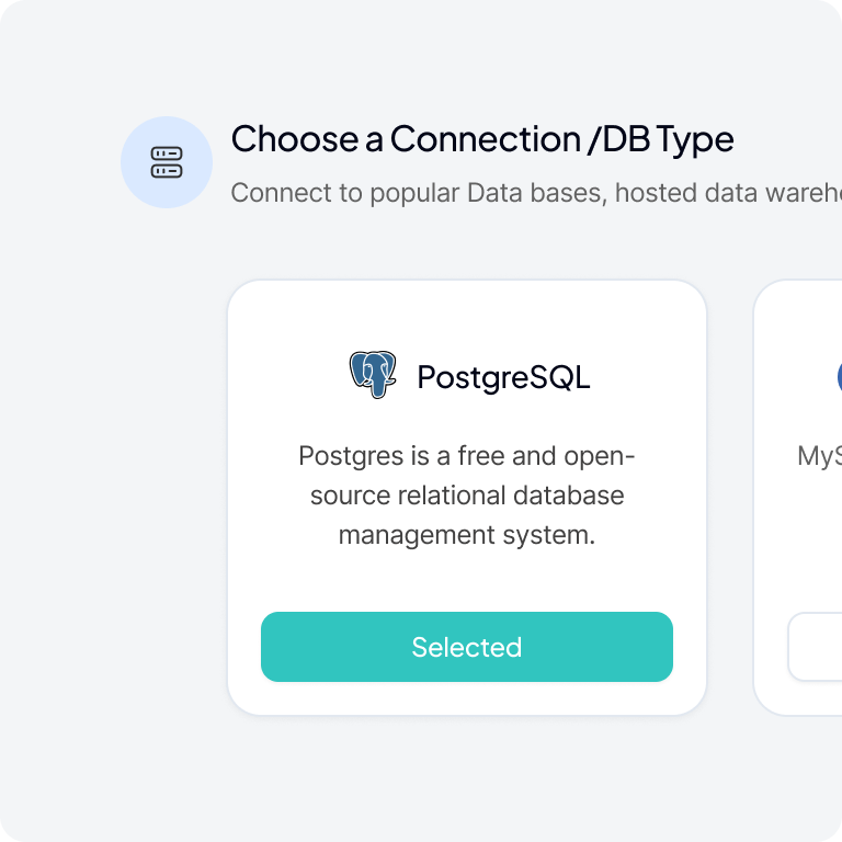 Screenshot of a database connection selection screen showing PostgreSQL as the chosen option.