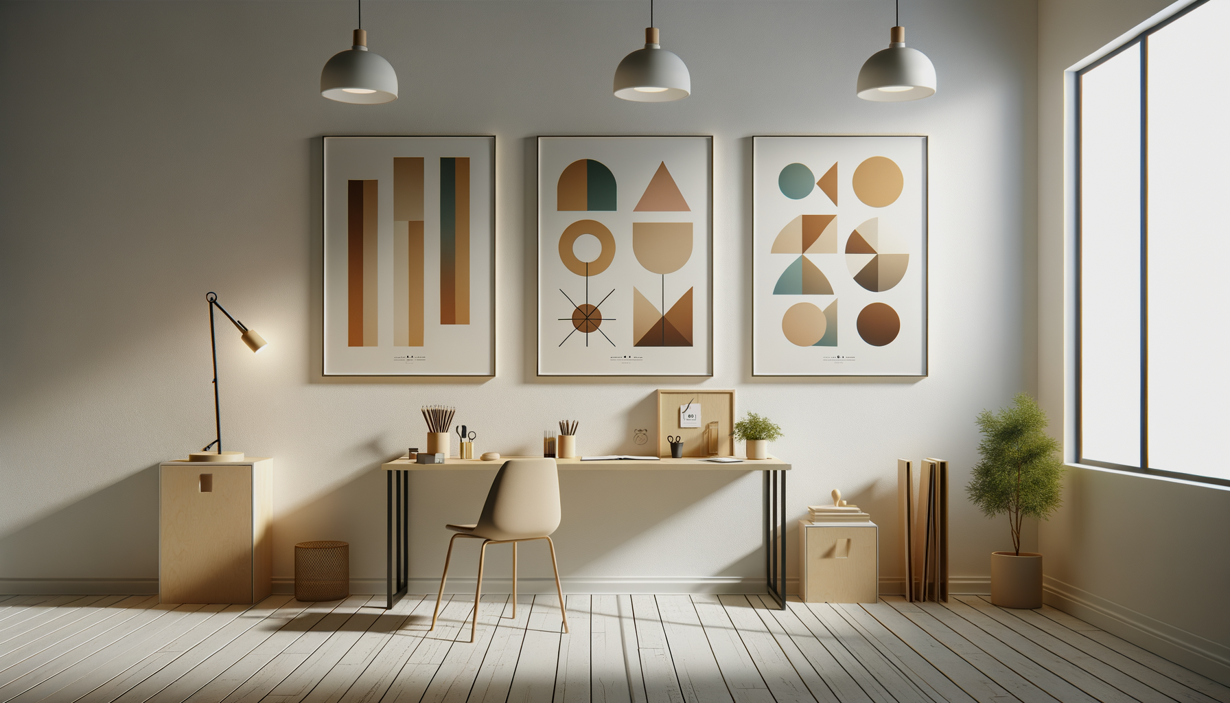 Minimalist home office with neutral tones, three geometric art posters on the wall, a desk with office supplies, a chair, and a potted plant near a large window. back and green and gold dark wood