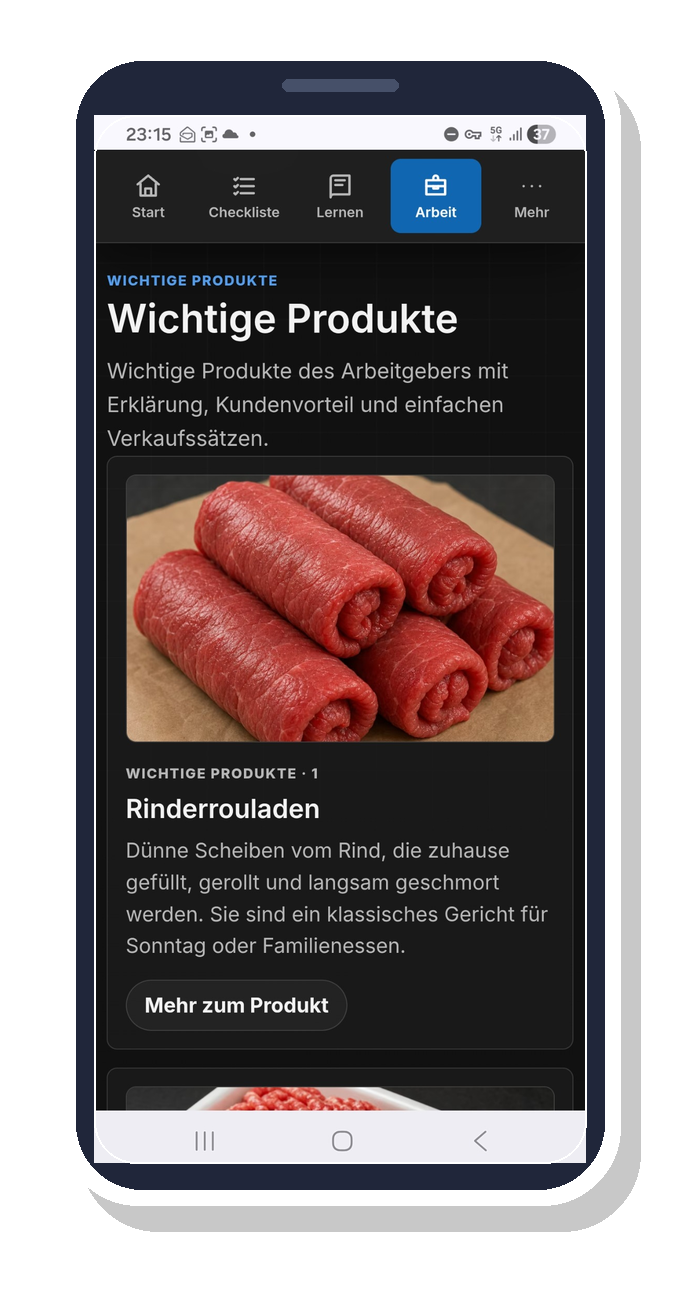 Screenshot eines Smartphones, das eine Webseite über wichtige Produkte zeigt, mit einem Bild von Rinderrouladen, die auf braunem Papier liegen.