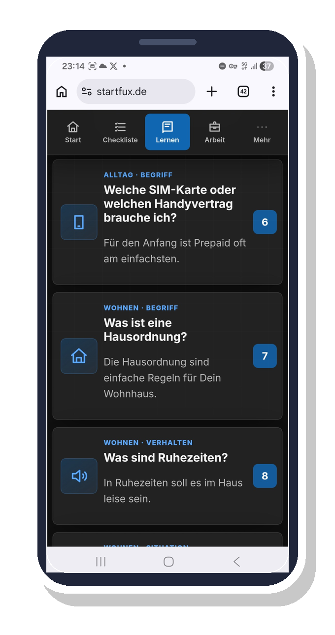 Smartphone-Bildschirm mit einer Webseite, die Lerninhalte zu verschiedenen Alltagsthemen wie SIM-Karten, Hausordnungen und Ruhezeiten zeigt.