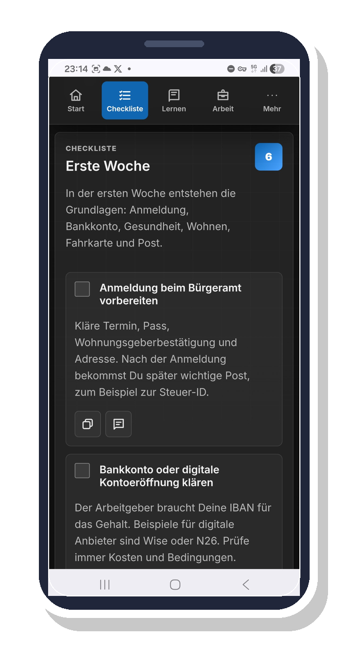 Screenshot einer Finanz-Checkliste in einer App auf einem Smartphone, mit Themen wie erste Woche, Anmeldung beim Bürgeramt, Bankkonto und digitale Kontoeinrichtung, mit blauer und schwarzer Benutzeroberfläche.
