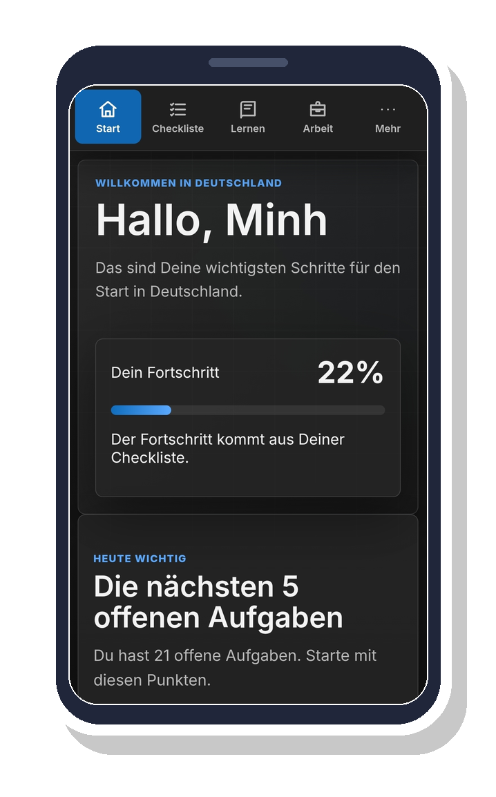 Mobile App-Startseite mit Willkommenstext, Fortschrittsanzeige bei 22%, Aufgabenliste für die nächsten 5 offenen Aufgaben.