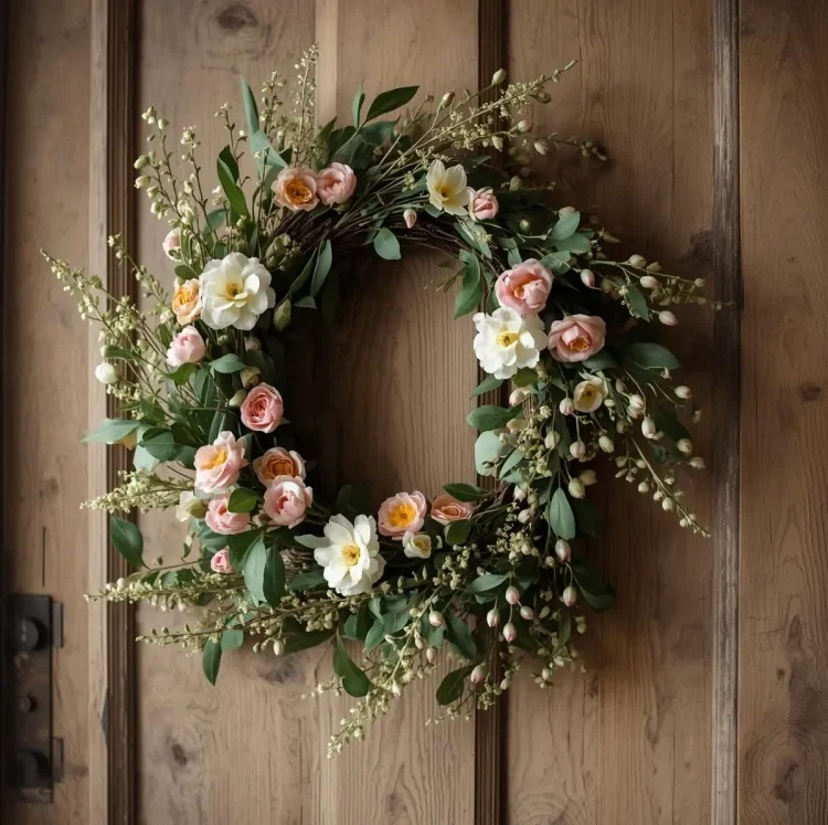 green, pink and white wreath with roses hanging on a wooden door