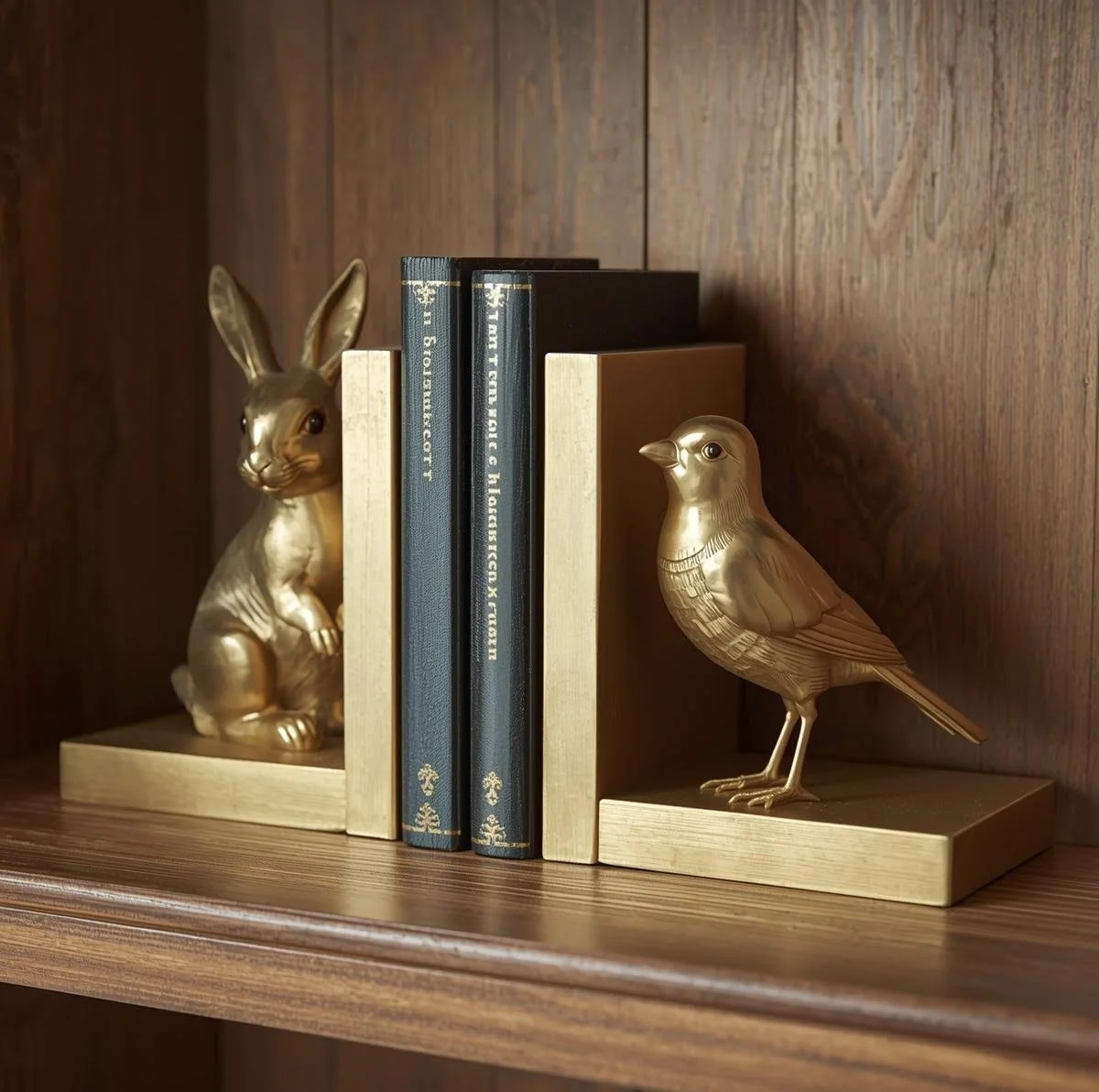 gold bird and rabbit spring home decorbookends with a few books in between on a wooden bookshelf