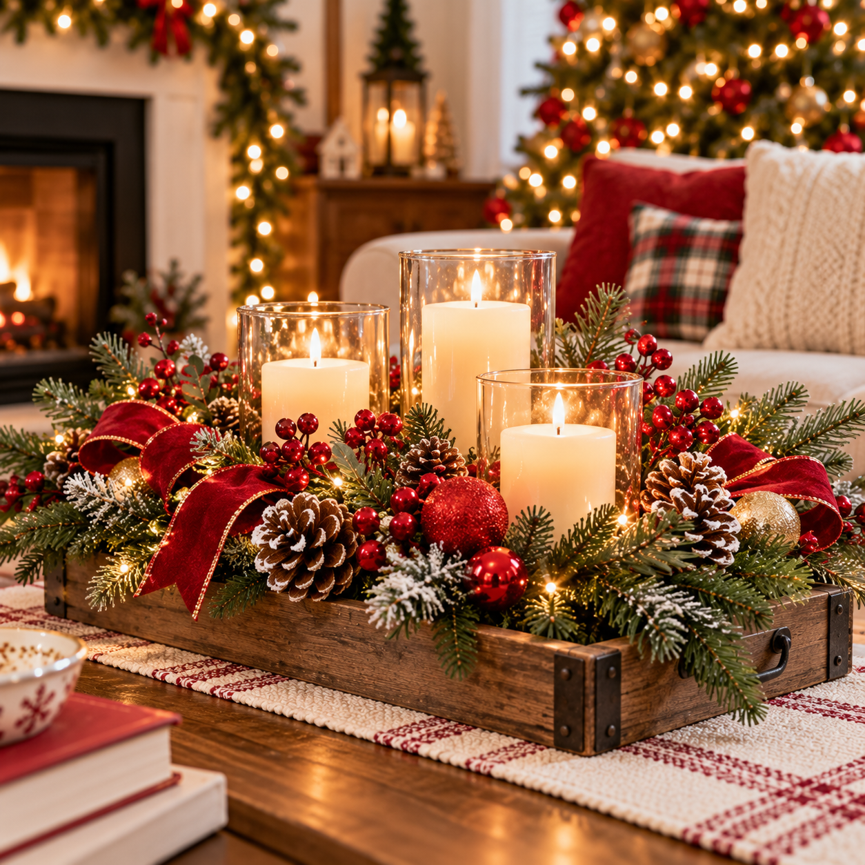 Christmas coffee table centerpiece featuring glowing candles, evergreen branches, red berries, pinecones, and festive ornaments in a rustic wooden tray.