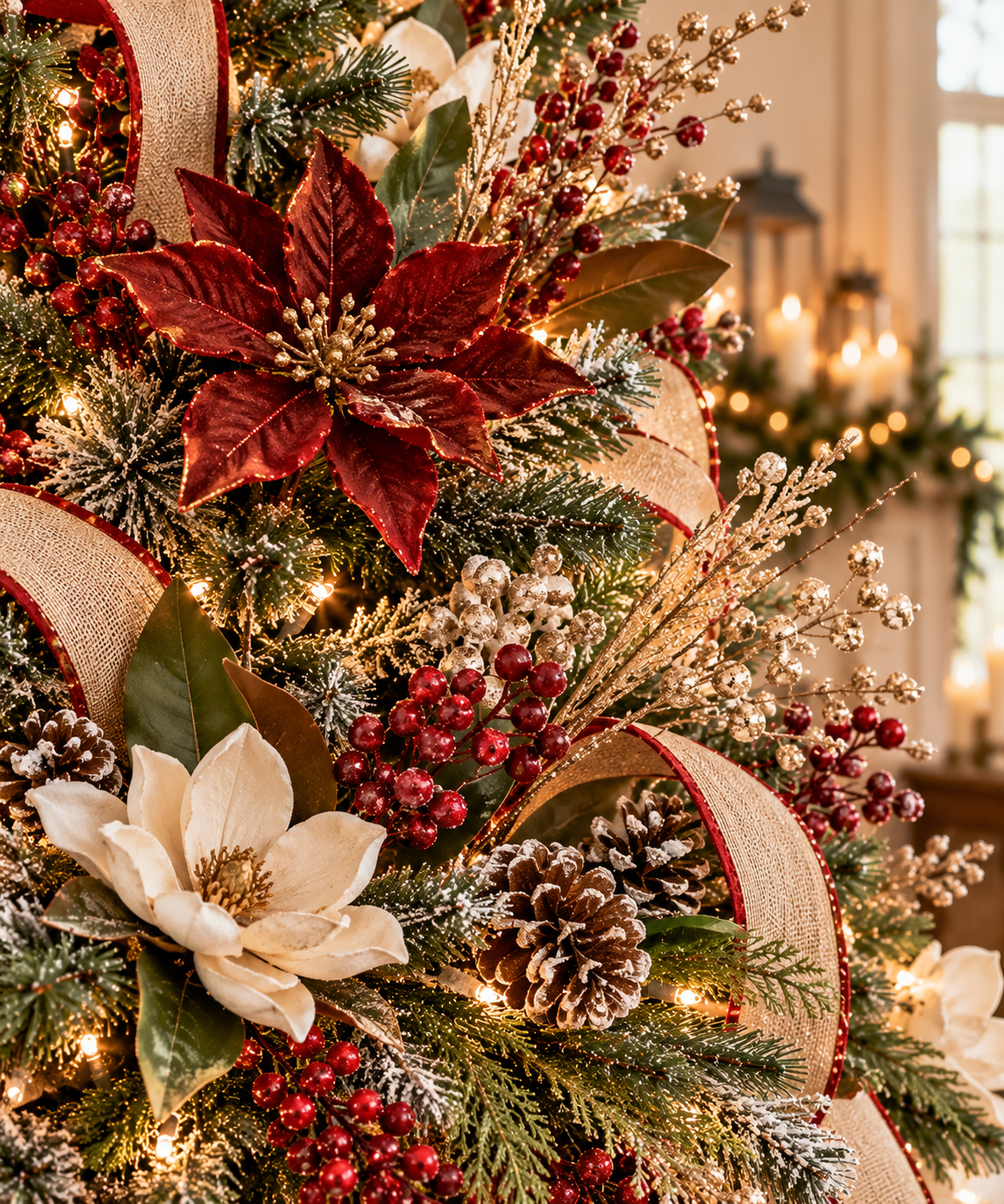 Decorative Christmas floral picks and sprays featuring red poinsettias, ivory magnolias, frosted berries, gold branches, pinecones, and festive ribbon on a warmly lit Christmas tree.