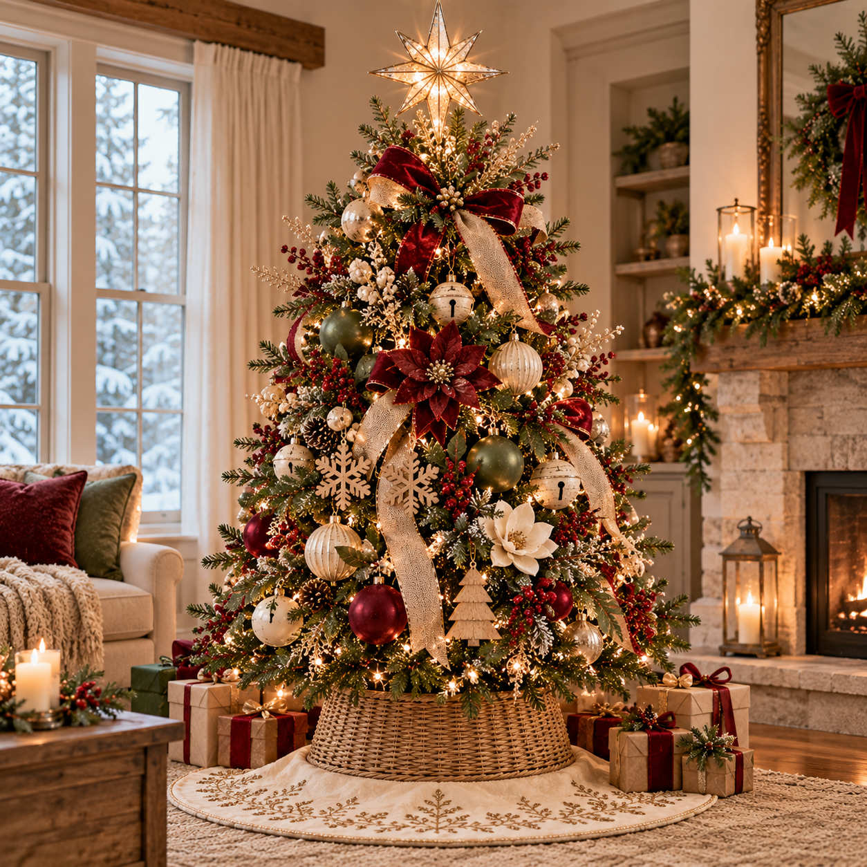 Elegant Christmas tree decorating ideas featuring gold ornaments, burgundy velvet bows, wooden snowflakes, floral picks, warm white lights, a glowing star topper, and a rustic wicker tree collar in a cozy farmhouse living room.