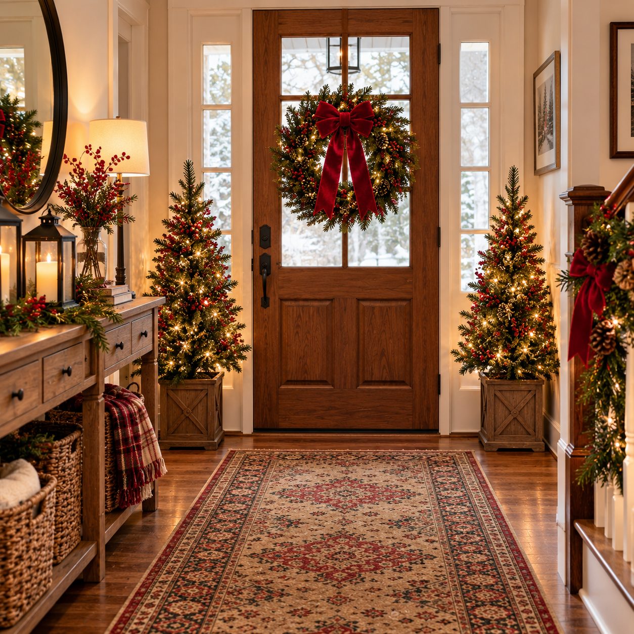 Two small Christmas trees with twinkling lights flank a wooden front door, creating a cozy farmhouse Christmas entryway.