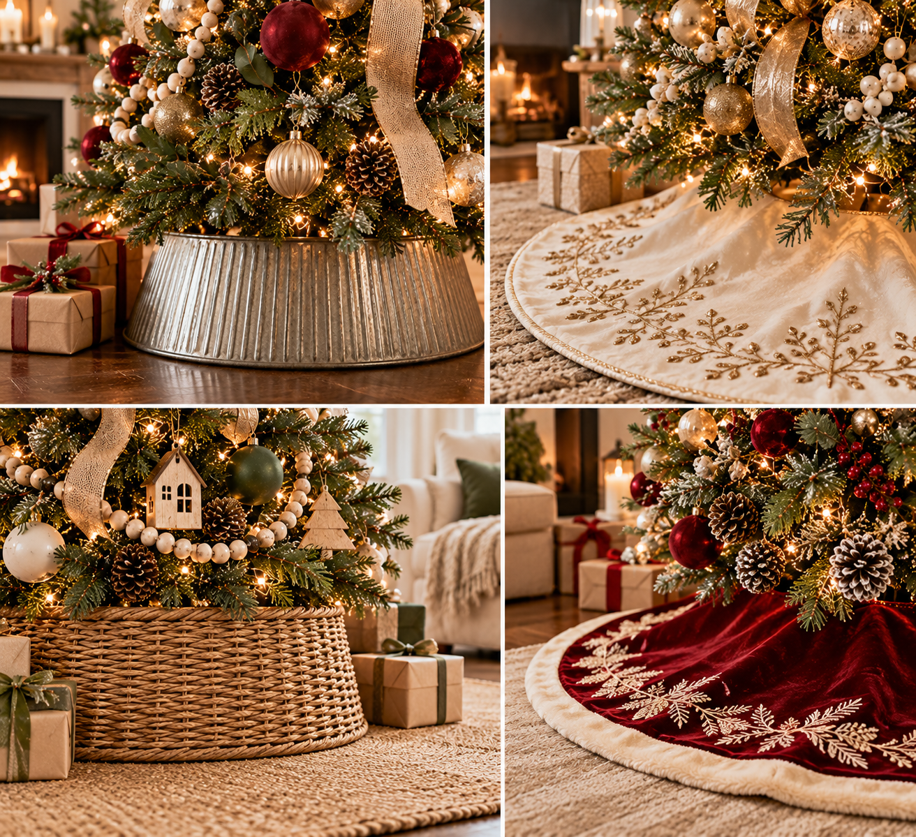 Beautiful Christmas tree skirts and tree collars featuring rustic galvanized metal, woven wicker, ivory embroidered fabric, and red velvet beneath elegantly decorated farmhouse Christmas trees.