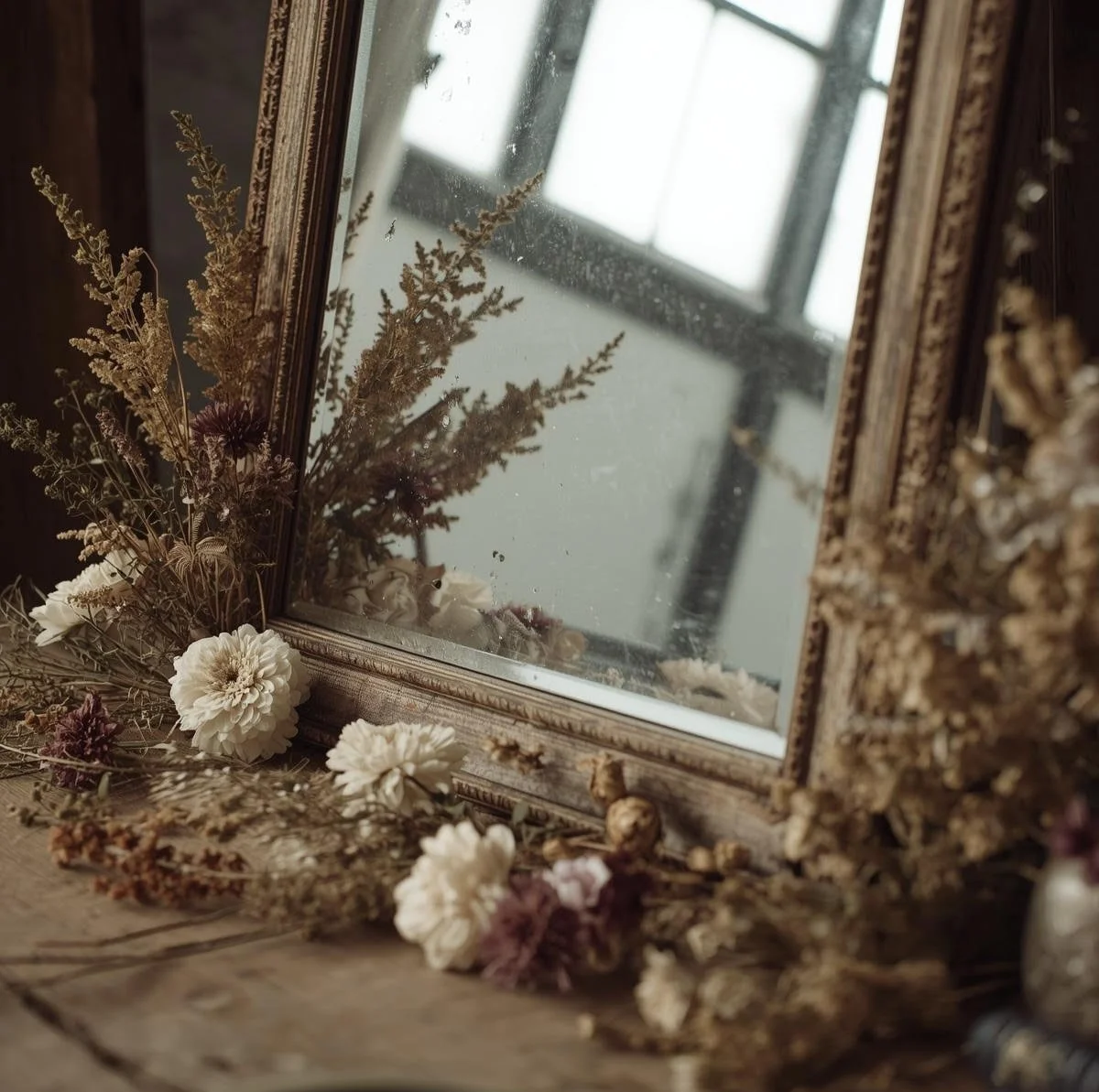 rustic spring home decor mirror with dried flowers laying against it