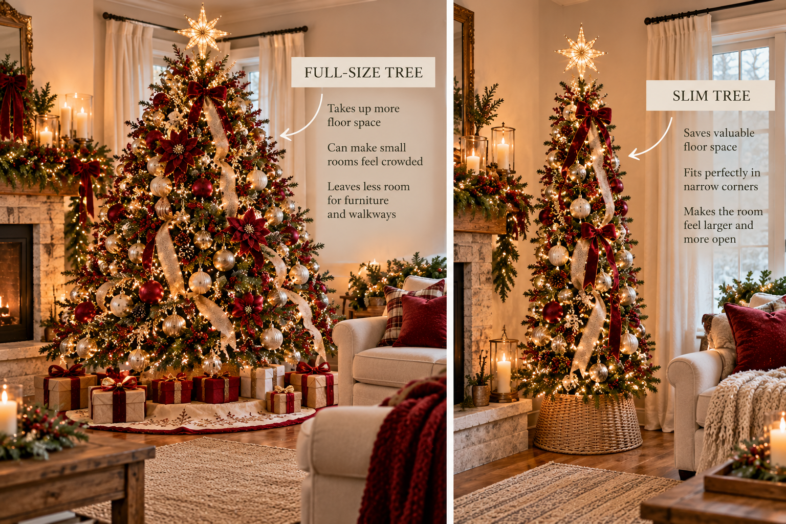 Side-by-side comparison of a full-size Christmas tree and a slim Christmas tree, showing how a slim tree saves floor space and makes a small living room feel larger and less cluttered for Christmas Decor for Small Spaces and Apartments.