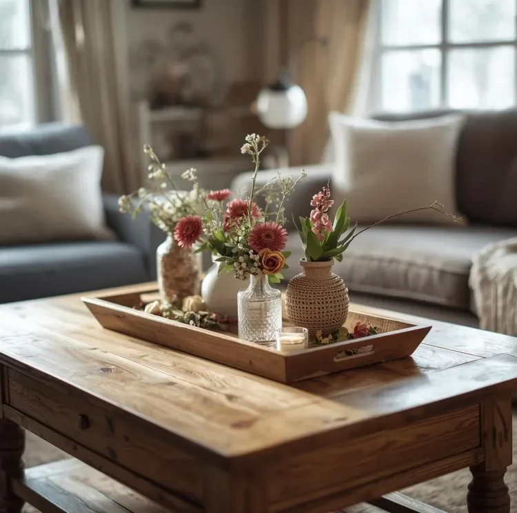 decorative tray with small vases of flowers sitting in the center of a wooden coffee table